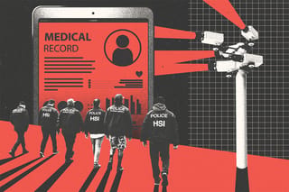 Collage of ICE agents, a tablet with medical records, and surveillance cameras.