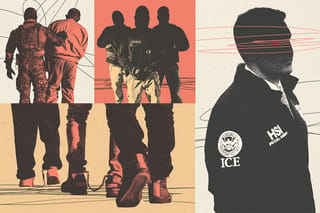 Collage of a guard pushing a man in cuffs, silhouettes of guards wearing gear labelled with "Akima", a close-up of legs with ankle shackles, and an ICE agent.