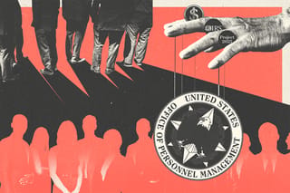 Collage of standing figures casting a shadow on a group of businesspeople and a hand puppeteering the OPM logo. The hand has the logos of DOGE, the IRS, and Project 2025 balanced between the fingers.