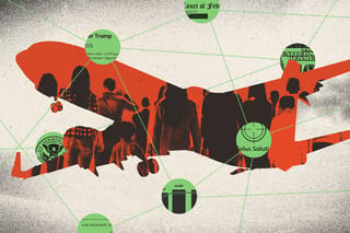 Collage of airplane silhouette containing images of a group of people walking away, and multiple circles arranged around the plane which are connected by dotted lines. The circles contain clippings of a $100 dollar bill, the Salus Worldwide Solutions logo, a self deportation chart, and court documents.