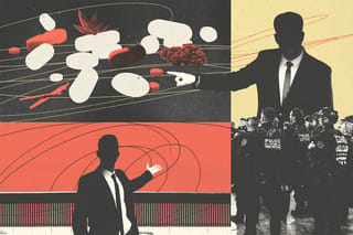 Collage of a shadowy politician pointing at pills and marijuana above a gathering of U.S. Customs and Border Protection police. Below, a second politician gestures to empty space around the U.S.-Mexico border wall.
