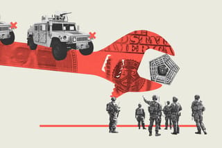 Collage of military vehicles balancing on a large wrench crushing the Pentagon building. Soldiers in fatigues stand and watch in the foreground.