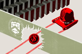 A camera mounted on tank treads runs over the logo of the Department of Government Efficiency and bulldozes through a wall marked with the U.S. Department of the Treasury logo. Inside, the panoptic camera surveys endless rows of filing cabinets.