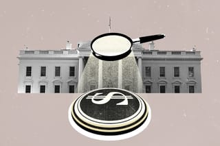A photo collage shows a magnifying glass shining a spotlight on the Department of Government Efficiency logo in front of the White House building.