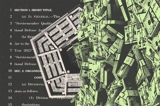 Collage of the Pentagon partly covered by stacks of money and a clipping of the FY 2025 NDAA.