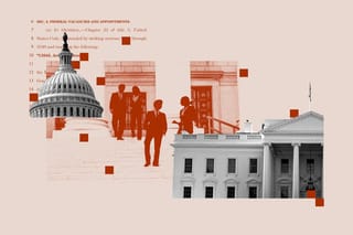 Collage of the U.S. Capitol, people in business suits in front of a government building, and the White House.