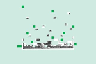 Square bits and pieces float haphazardly at the top of the canvas but start to form the shape of a flat hundred dollar bill as they move downward.