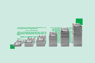 Collage of stacks of hundred dollar bills increasing from left to right like a bar chart. In the background is a clipping from the Antideficiency Act.
