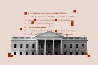 Collage of the White House building in front of a clipping from the Federal Vacancies Act.