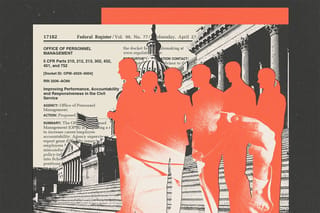 Collage of a clipping of the “Improving Performance, Accountability and Responsiveness in the Civil Service” document with a cutout of a group of people revealing a person blowing a whistle.