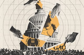 Collage of a crowd of people and hands putting together cutout pieces of the Capitol building, which contain images of a man blowing a whistle, the GAO logo, the OSC seal, and a man in a suit.