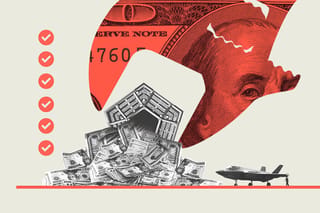 Collage of a big wrench hovering over the Pentagon with money flowing out of it, checkmarks, and an F-35.