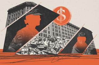 Collage of the Department of Veteran Affairs building being cut by the DOGE logo. The pieces of the building contain images of veterans and money.