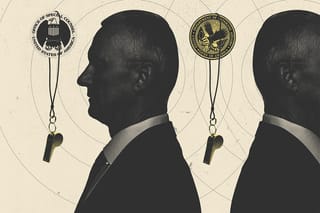 Collage of a shadowy man in a suit facing a whistle and the Office of Special Counsel logo, and that same man in a suit facing away from a whistle and the Department of Veterans Affairs logo.