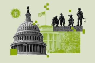Collage of the U.S. Capitol, the White House, the seal of the U.S. president, and a group of soldiers.
