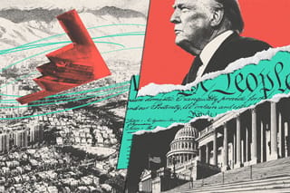 Collage of B-2 Spirit flying over Tehran, U.S. President Donald Trump, the Capitol building, and the constitution.