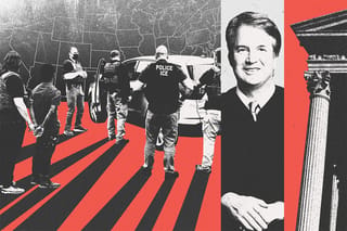 Collage of ICE agents detaining people, a U.S. map, Supreme Court Justice Brett Kavanaugh, and the Supreme Court building.