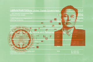 Collage of Elon Musk, the Office of Personnel Management (OPM) logo, and clippings of ethics disclosure documents including text of dollar amounts and xAI, The Boring Company, and Tesla, Inc. Pieces of dollar bills connect Musk to the OPM logo.