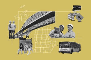 Collage of a Michigan county map, engineers and construction workers, a city bus, people waiting at a bus stop, road work signs, and the Blue Water Bridge.