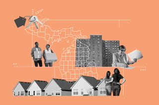 Collage of a Michigan county map, a set of house keys, a couple moving in, an apartment building, a woman signing papers, and a couple looking out over a row of houses.