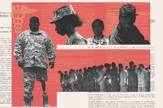 Collage of various U.S. veterans and servicemembers, a caduceus, and documents, in the shape of a red letter F