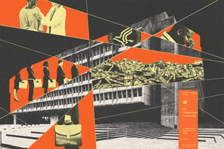 Collage of the HHS building with cuts and shapes containing images of a doctor and a patient, the HHS logo, a frustrated person, money, a person holding a briefcase, and lined up employees holding boxes.