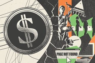 Collage of a large DOGE logo smashing into clippings of Lady Justice, the White House, fired employees, a computer displaying data, and a "page not found" error message.