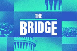 The Bridge logo surrounded by a collage of crowds of people and the U.S. Capitol building