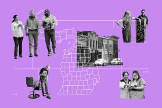 Collage of a Michigan county map, a row of small businesses on a street, a barber sweeping, three industrial workers walking and talking, two employees working on a tablet, and two workers standing next to a sign that reads: Abierto / Open.