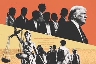 Above: U.S. President Donald Trump and a group of shadowy people wearing suits. Below:  Statue of Lady Justice, a group of civilians walking, and a clipping of the Administrative Procedure Act.