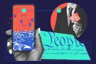 Images of a clipping of the constitution, a man holding money, and a hand holding a phone.