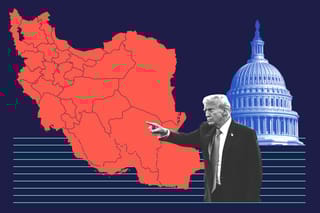 Collage of U.S. President Donald Trump facing away of the Capitol building and pointing at map of Iran.