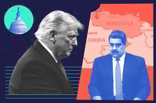 Collage of U.S. President Donald Trump, Venezuelan President Nicolas Maduro, a map highlighting Venezuela, and the Capitol building.
