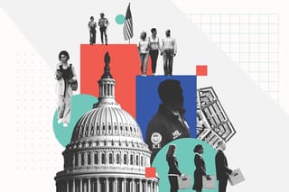 Collage of Capitol building, a line of employees holding boxes, an obscured ICE agent, a family walking, the pentagon, a woman walking, and the U.S. flag.