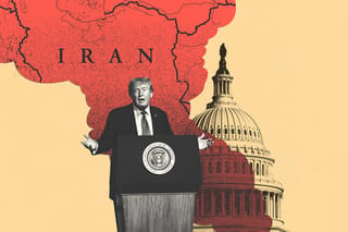 Collage of U.S. President Donald Trump, the Capitol building, and a map of Iran.