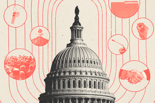 Collage of the Capitol building, a crowd of people, a man wearing a suit, a whistle, a folder, a hand holding a pen, a microphone, and a handshake.