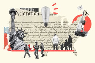 Photo collage. A map of the continental U.S. is covered by the text of the Declaration of Independence. The Statue of Liberty, soldiers in uniform walking, a family holding hands, a child holding an American flag, an old-style lightbulb, and an etching of the signing of the Declaration of Independence layer on top of the map.