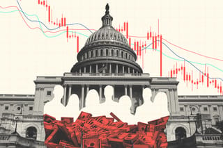Collage of the Capitol building, stock trend lines, a group of people, and money.