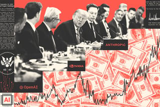 Photo collage. U.S. President Donald Trump sits center at a long table among other prominent business people at the Super Intelligence (AI) luncheon. Surrounding them are logos (OpenAI, Nvidia, Anthropic), stock trend lines, U.S. hundred dollar bills, a computer chip, the presidential seal, and clippings of the Super Intelligence accord.