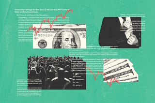 Collage of money, stock trend lines, a crowd, a person hiding money, and clippings of a document.