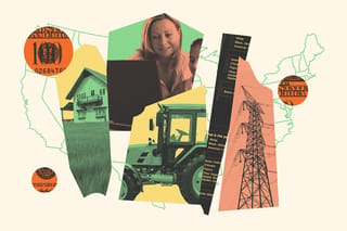 Collage of a power line, a tractor, a teacher helping a student, a house, money and the outline of the U.S. map.