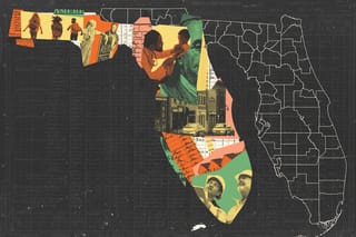 An outline of a county-level map of Florida side-by-side with a photo collage in the shape of Florida state. Within the state collage are clippings of archival Census documents, a doctor treating a patient, construction workers, young students, small business owners, houses, a downtown street, and clippings of money.