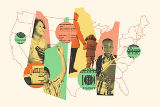 Collage of the outline of U.S. map, money, a kid at the doctor, a kid raising his hand, a mom and daughter holding hands, a kid holding school supplies, and money.