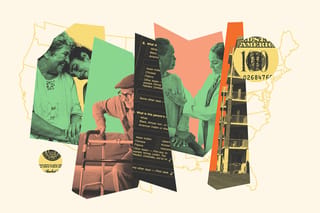 Collage of a man using a walker, a doctor and patient, a grandma and grand daughter hugging, an apartment building, money and the outline of the U.S. map.