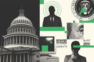 Collage of the Capitol building, an shadowy man in a business suit, the presidential seal, money, a computer, and an obscured woman blowing a whistle.