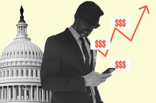 Photo collage. A man in a business suit looks at his phone while chat bubbles filled with dollar signs float up in front of a stock market line chart. The U.S. Capitol building is visible in the background,