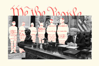 Photo collage. A greyscale photo shows President Trump sitting at the Resolute Desk in the Oval Office.  "We the People" text from the U.S. Constitution, behind the photo, is visible. Surrounding the desk are silhouettes of Trump's advisors, as if cut out from the photo; the text of the Constitution shows in the empty space of their silhouettes.