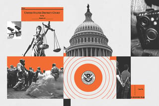 Collage of the Capitol building, the DHS logo, DHS agents in a cloud of tear gas, a detained immigrant, a body camera, security cameras, a judicial warrant, and a Lady Justice statue.
