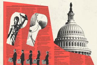 Collage of the Capitol building, fired employees lined up, a man blowing a whistle and a Lady Justice statue.