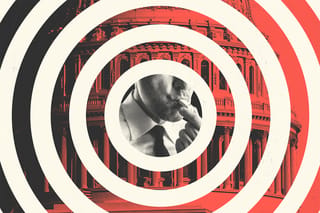 Collage of man blowing a whistle, the Capitol building, and concentric circles.